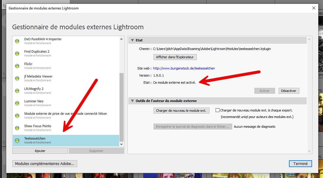 Liste des modules externes dans Lightroom Classic, liste des plugins dans le gestionnaire de modules externes